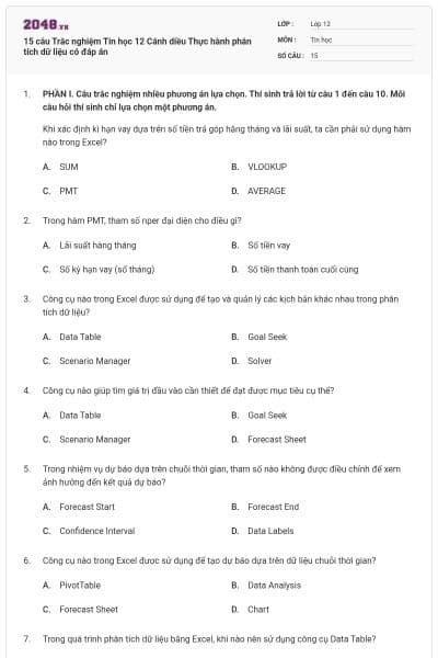 15 câu Trắc nghiệm Tin học 12 Cánh diều Thực hành phân tích dữ liệu có đáp án