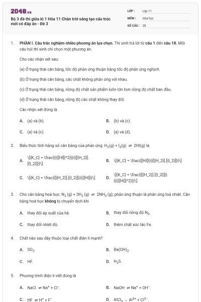 Bộ 3 đề thi giữa kì 1 Hóa 11 Chân trời sáng tạo cấu trúc mới có đáp án - Đề 3
