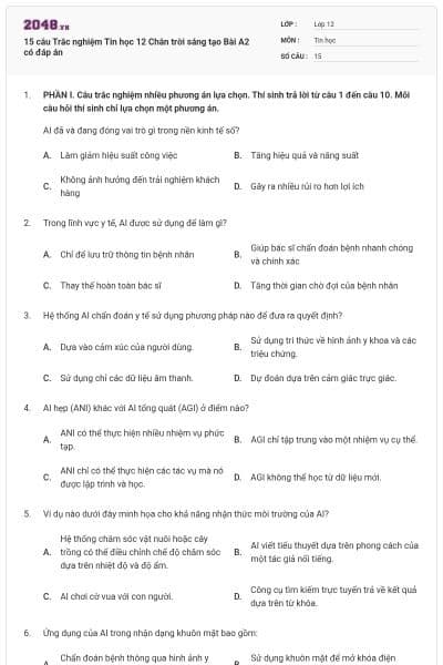 15 câu Trắc nghiệm Tin học 12 Chân trời sáng tạo Bài A2 có đáp án