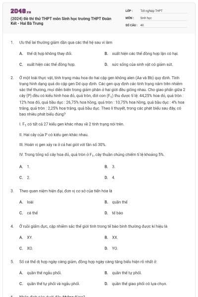 (2024) Đề thi thử THPT môn Sinh học trường THPT Đoàn Kết - Hai Bà Trưng