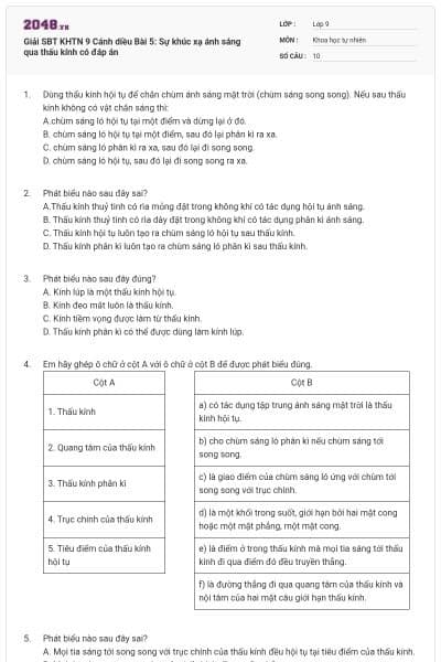 Giải SBT KHTN 9 Cánh diều Bài 5: Sự khúc xạ ánh sáng qua thấu kính có đáp án