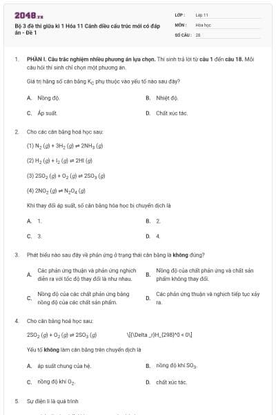 Bộ 3 đề thi giữa kì 1 Hóa 11 Cánh diều cấu trúc mới có đáp án - Đề 1