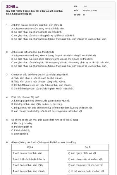 Giải SBT KHTN 9 Cánh diều Bài 6: Sự tạo ảnh qua thấu kính. Kính lúp có đáp án