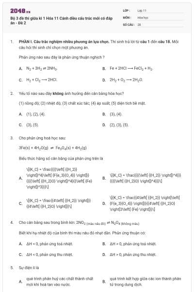 Bộ 3 đề thi giữa kì 1 Hóa 11 Cánh diều cấu trúc mới có đáp án - Đề 2