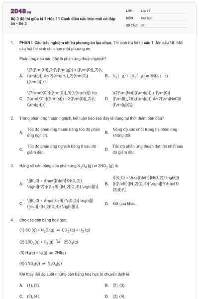 Bộ 3 đề thi giữa kì 1 Hóa 11 Cánh diều cấu trúc mới có đáp án - Đề 3