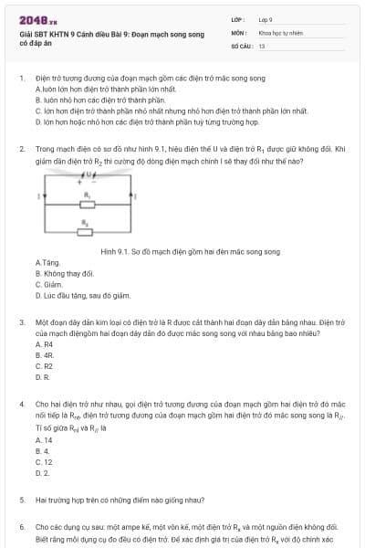 Giải SBT KHTN 9 Cánh diều Bài 9: Đoạn mạch song song có đáp án