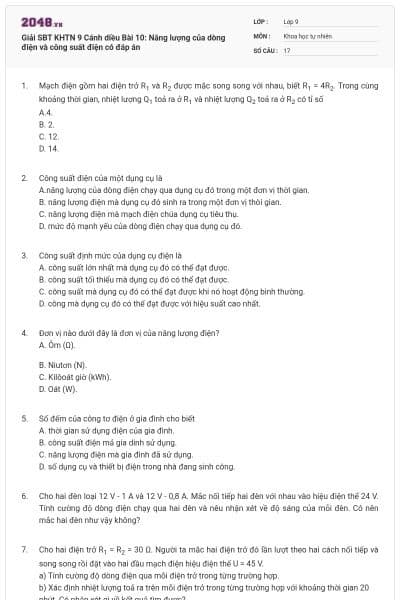Giải SBT KHTN 9 Cánh diều Bài 10: Năng lượng của dòng điện và công suất điện có đáp án
