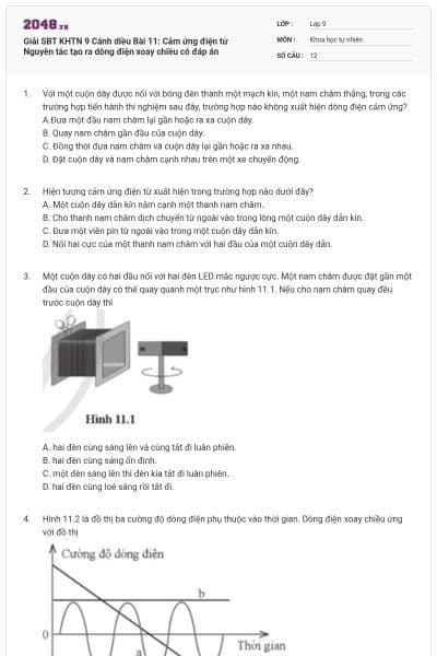 Giải SBT KHTN 9 Cánh diều Bài 11: Cảm ứng điện từ Nguyên tắc tạo ra dòng điện xoay chiều có đáp án