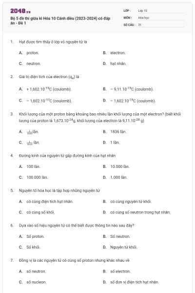 Bộ 5 đề thi giữa kì Hóa 10 Cánh diều (2023-2024) có đáp án - Đề 1