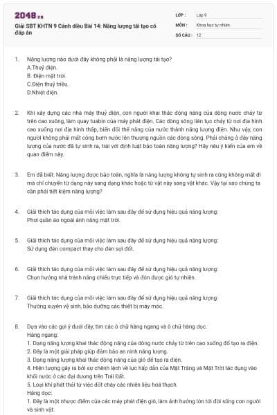 Giải SBT KHTN 9 Cánh diều Bài 14: Năng lượng tái tạo có đáp án