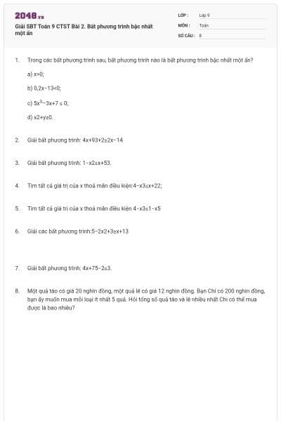 Giải SBT Toán 9 CTST Bài 2. Bất phương trình bậc nhất một ẩn