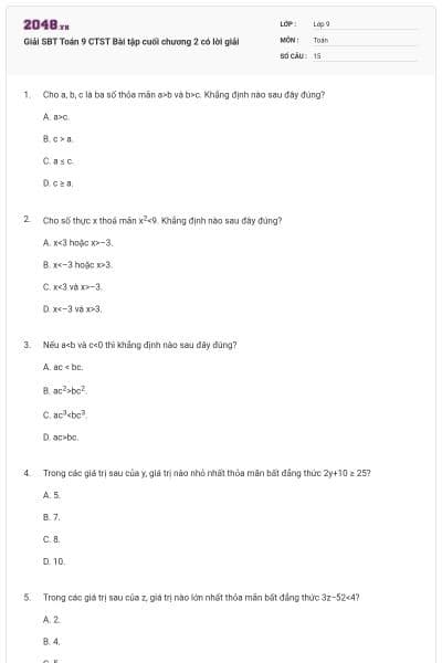 Giải SBT Toán 9 CTST Bài tập cuối chương 2 có lời giải