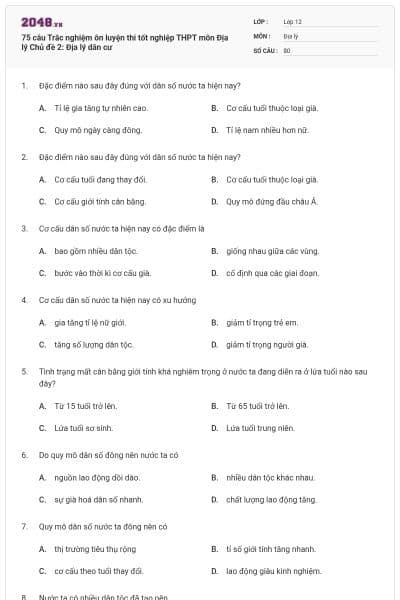 75 câu Trắc nghiệm ôn luyện thi tốt nghiệp THPT môn Địa lý Chủ đề 2: Địa lý dân cư
