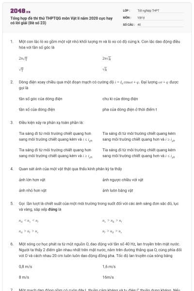 Tổng hợp đề thi thử THPTQG môn Vật lí năm 2020 cực hay có lời giải (Đề số 23)