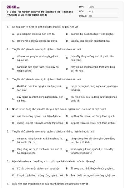 310 câu Trắc nghiệm ôn luyện thi tốt nghiệp THPT môn Địa lý Chủ đề 3: Địa lý các ngành kinh tế