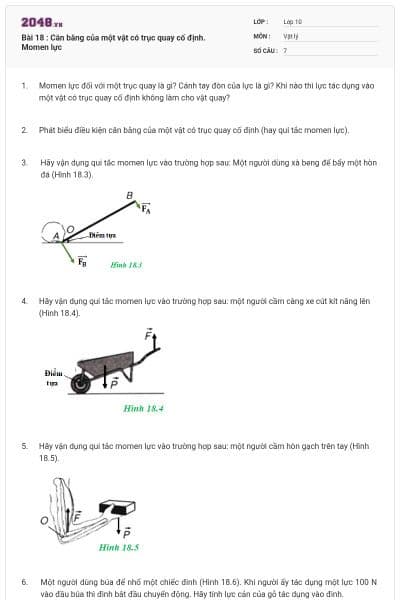 Bài 18 : Cân bằng của một vật có trục quay cố định. Momen lực