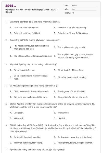 Đề thi giữa kì 1 văn 10 Chân trời sáng tạo (2023 - 2024) - Đề số 2