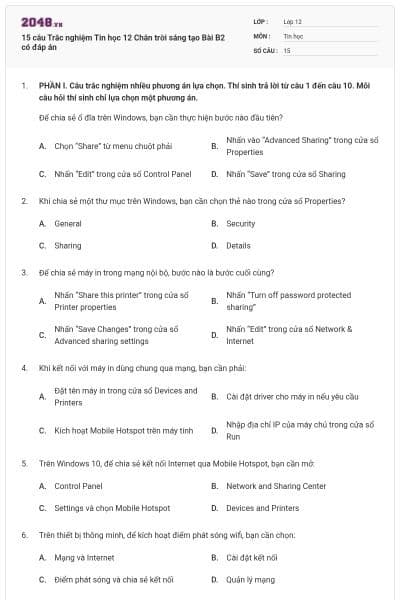 15 câu Trắc nghiệm Tin học 12 Chân trời sáng tạo Bài B2 có đáp án