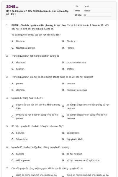 Bộ 3 đề thi giữa kì 1 Hóa 10 Cánh diều cấu trúc mới có đáp án - Đề 1