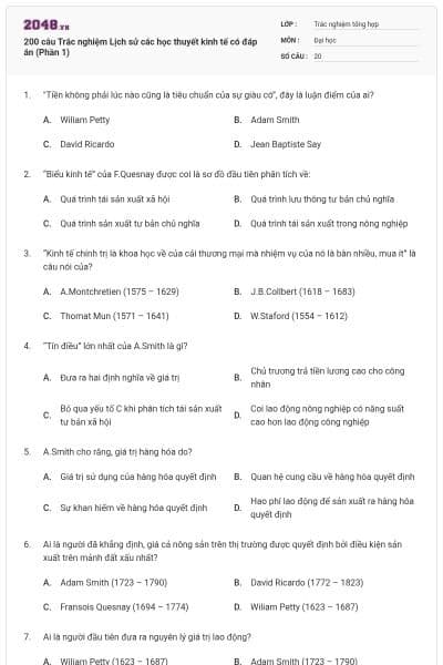 200 câu Trắc nghiệm Lịch sử các học thuyết kinh tế có đáp án (Phần 1)