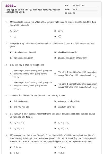 Tổng hợp đề thi thử THPTQG môn Vật lí năm 2020 cực hay có lời giải (Đề số 23)