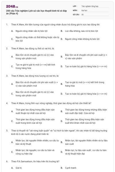 200 câu Trắc nghiệm Lịch sử các học thuyết kinh tế có đáp án (Phần 4)