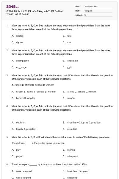 (2024) Đề thi thử THPT môn Tiếng anh THPT Ba Đình Thanh Hoá có đáp án