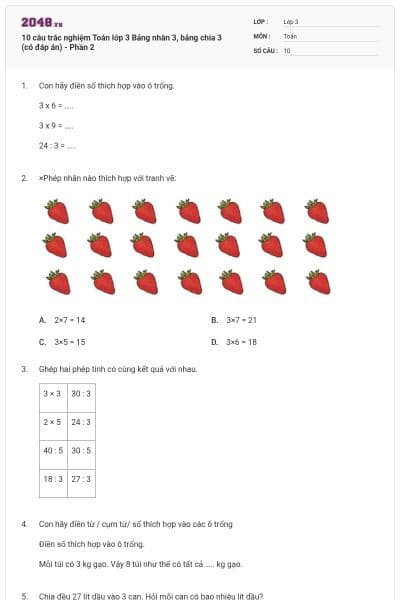 10 câu trắc nghiệm Toán lớp 3 Bảng nhân 3, bảng chia 3 (có đáp án) - Phần 2