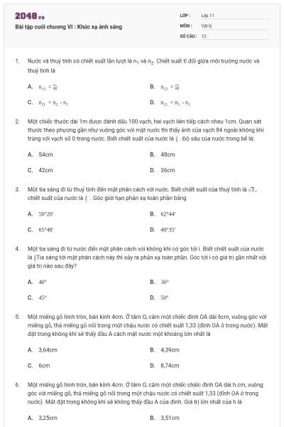 Bài tập cuối chương VI : Khúc xạ ánh sáng