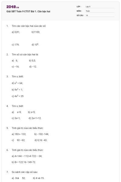 Giải SBT Toán 9 CTST Bài 1. Căn bậc hai