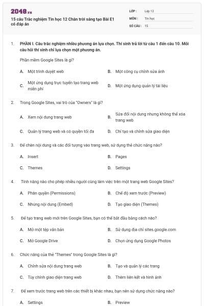 15 câu Trắc nghiệm Tin học 12 Chân trời sáng tạo Bài E1 có đáp án