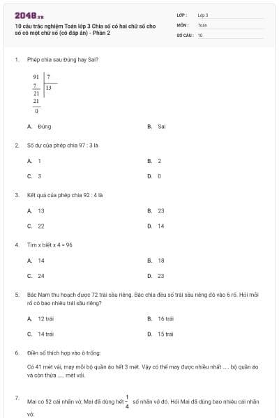 10 câu trắc nghiệm Toán lớp 3 Chia số có hai chữ số cho số có một chữ số (có đáp án) - Phần 2