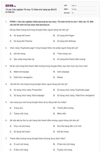 15 câu Trắc nghiệm Tin học 12 Chân trời sáng tạo Bài E2 có đáp án