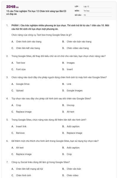 15 câu Trắc nghiệm Tin học 12 Chân trời sáng tạo Bài E3 có đáp án