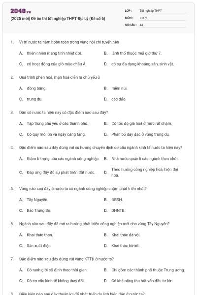 (2025 mới) Đề ôn thi tốt nghiệp THPT Địa Lý (Đề số 6)