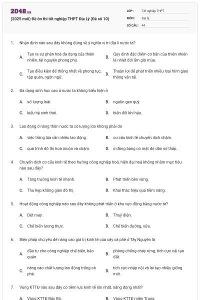 (2025 mới) Đề ôn thi tốt nghiệp THPT Địa Lý (Đề số 10)