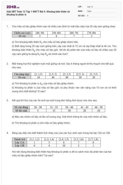 Giải SBT Toán 12 Tập 1 KNTT Bài 9. Khoảng biến thiên và khoảng tứ phân vị