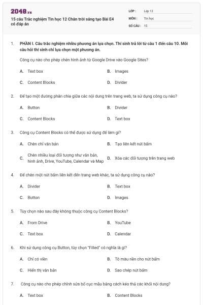 15 câu Trắc nghiệm Tin học 12 Chân trời sáng tạo Bài E4 có đáp án