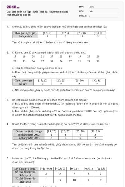 Giải SBT Toán 12 Tập 1 KNTT Bài 10. Phương sai và độ lệch chuẩn có đáp án