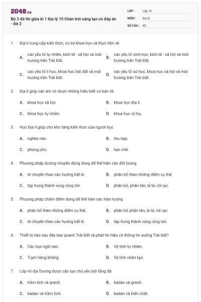 Bộ 3 đề thi giữa kì 1 Địa lý 10 Chân trời sáng tạo có đáp án - Đề 2