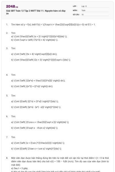 Giải SBT Toán 12 Tập 2 KNTT Bài 11. Nguyên hàm có đáp án