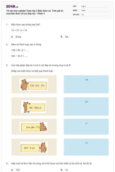 10 câu trắc nghiệm Toán lớp 3 Biểu thức số. Tính giá trị của biểu thức số (có đáp án) - Phần 2