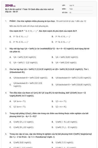 Bộ 5 đề thi cuối kì 1 Toán 10 Cánh diều cấu trúc mới có đáp án - Đề 01