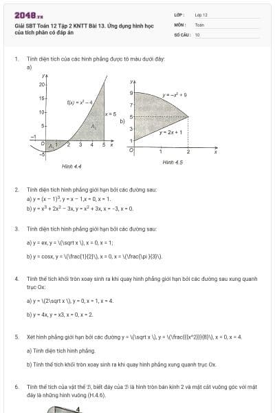 Giải SBT Toán 12 Tập 2 KNTT Bài 13. Ứng dụng hình học của tích phân có đáp án