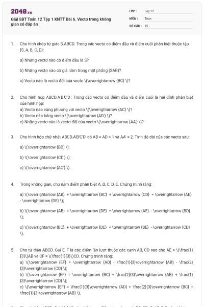 Giải SBT Toán 12 Tập 1 KNTT Bài 6. Vectơ trong không gian có đáp án