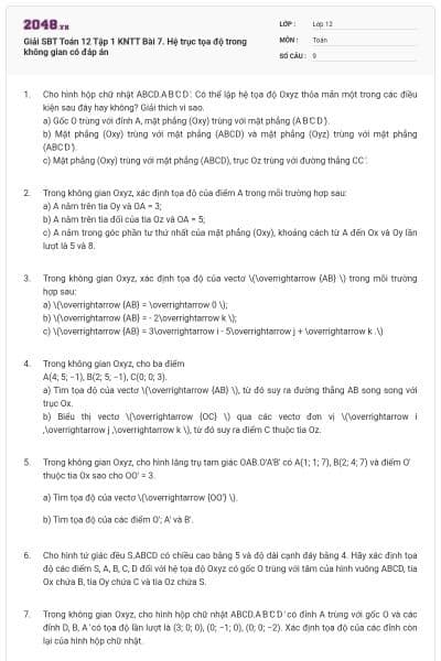 Giải SBT Toán 12 Tập 1 KNTT Bài 7. Hệ trục tọa độ trong không gian có đáp án
