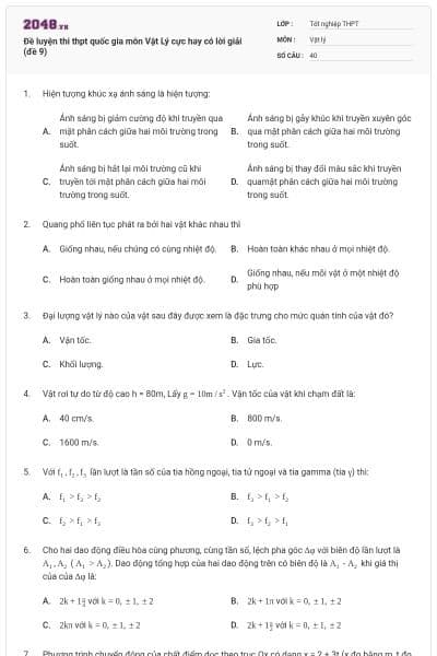 Đề luyện thi thpt quốc gia môn Vật Lý cực hay có lời giải (đề 9)