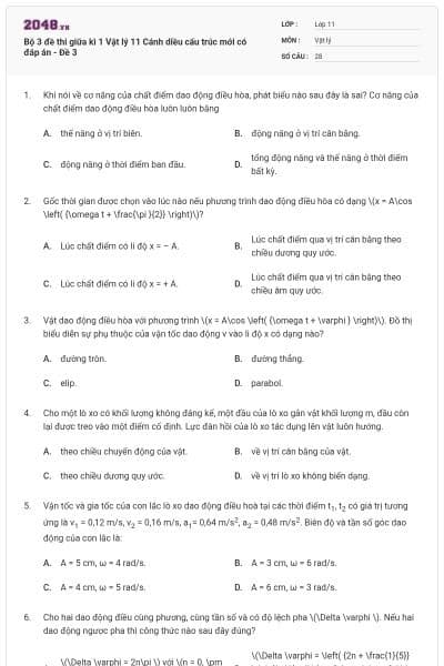 Bộ 3 đề thi giữa kì 1 Vật lý 11 Cánh diều cấu trúc mới có đáp án - Đề 3