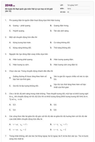 Đề luyện thi thpt quốc gia môn Vật Lý cực hay có lời giải (đề 10)