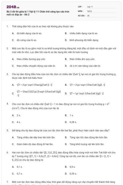 Bộ 3 đề thi giữa kì 1 Vật lý 11 Chân trời sáng tạo cấu trúc mới có đáp án - Đề 2